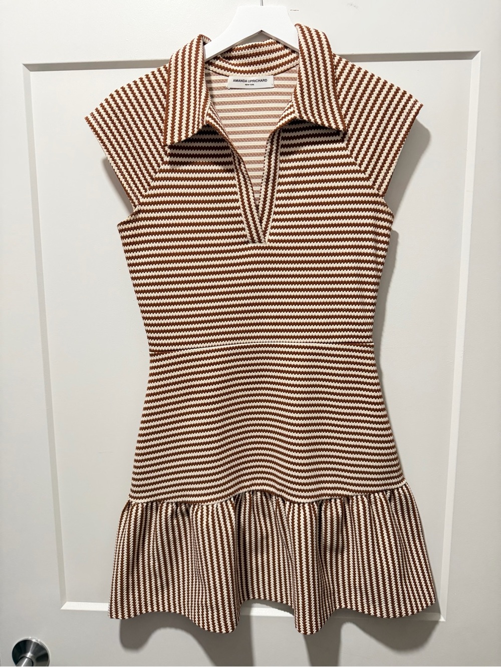 Amanda Uprichard Cream & Brown Striped Cap-Sleeve Drop-Waist Dress
